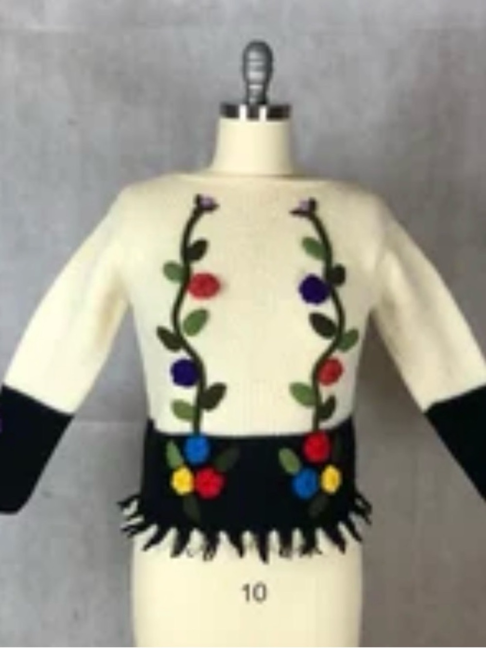 Cream and Black Floral Fringe Women's Sweater